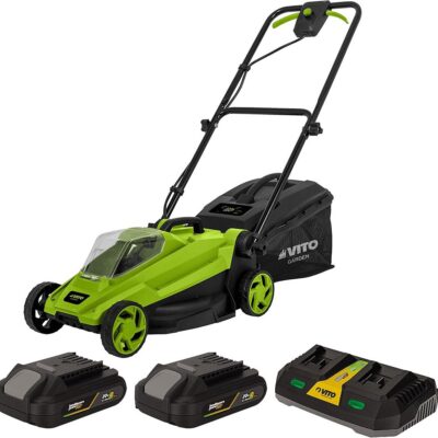 Tondeuse 20V + 2 Batteries lithium 3.0Ah + Chargeur double Gazon 300m2 - Bac 30L VITO