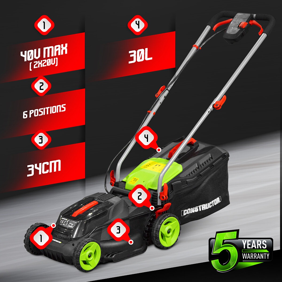 Tondeuse rechargeable 40V (2x20V) 34 cm avec 2 batteries 4Ah et chargeur - Constructor (2)