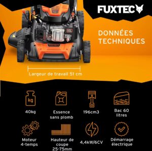 Tondeuse thermique autotractée FUXTEC FX-RM5196ES - démarrage électrique 196cm3 51cm - 6CV 60L (7)